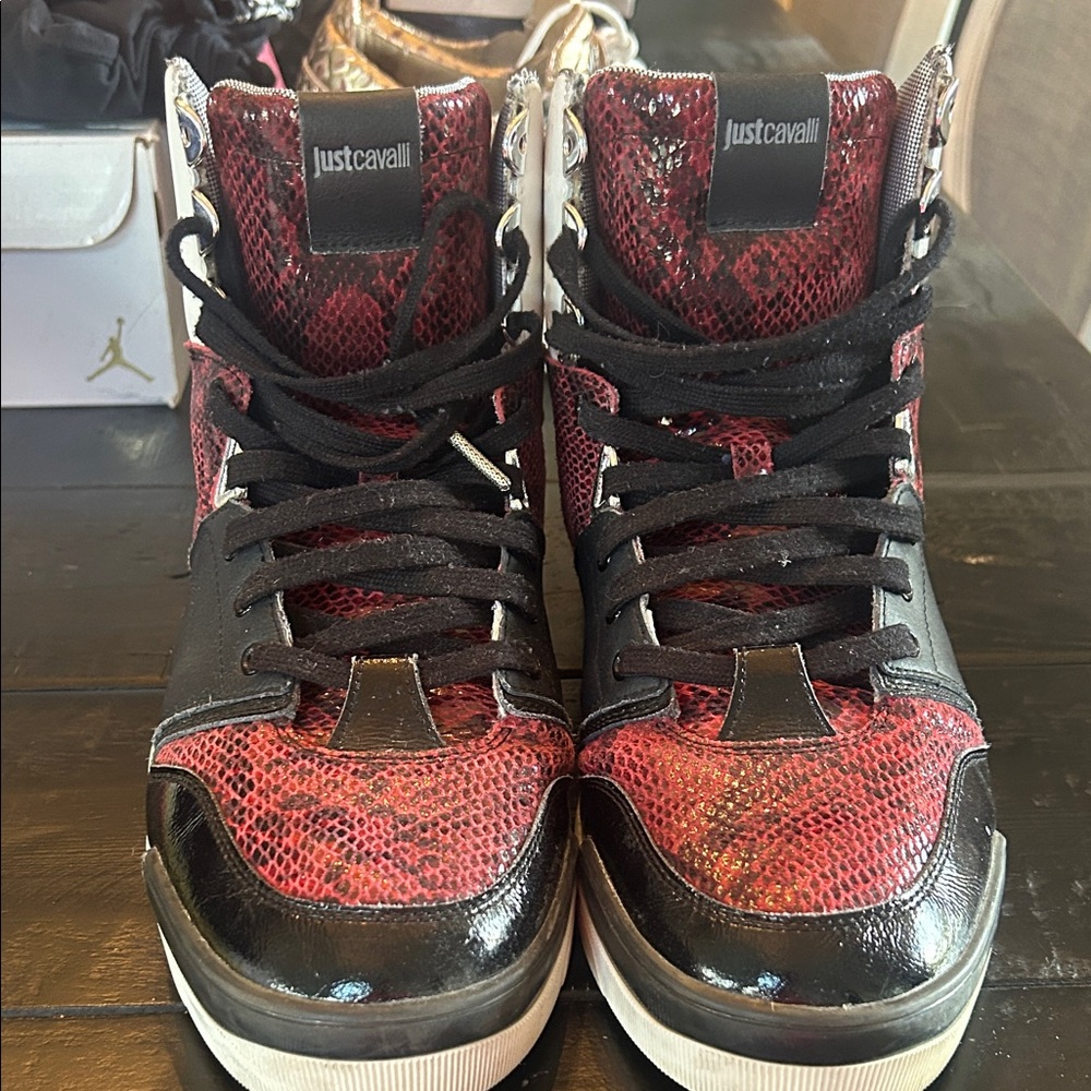 Just Cavalli Red and Black Snakeskin Sneakers